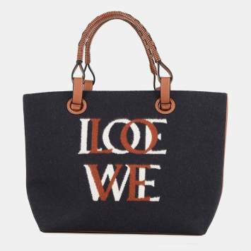 مملوكة مسبقًا Loewe Logo 2-Way Tote Bag Navy Wool Leather