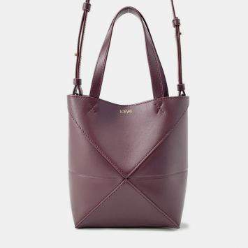 Pre Owned Loewe Puzzle Fold Tote Bordeaux Shiny Calf Leather Size Mini