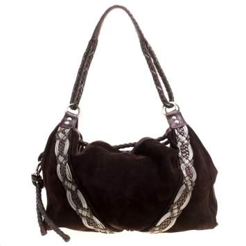 Pre Owned Loewe Dark Brown Suede Braided embellished Hobo