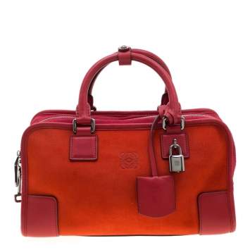 Pre Owned Loewe Orange/Red Suede and Leather Amazona Satchel