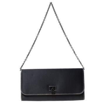 Pre Owned Loewe Dark Grey Satin and Embossed Lizard Flap Clutch