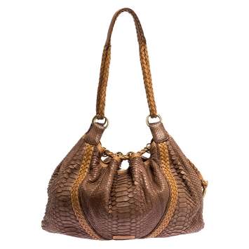 Pre Owned Loewe Brown/Tan Python Leather Drawstring Shoulder Bag