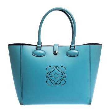 Pre Owned  Loewe Light Blue Perforated Logo Leather Leo Tote