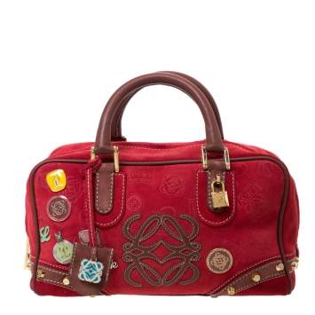 Pre Owned Loewe Red/Brown Suede and Leather Amazona 28 Satchel