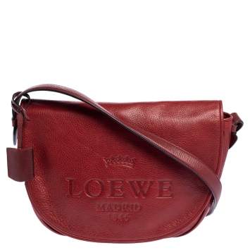 Pre Owned Loewe Red Leather Logo Embossed Flap Crossbody Bag