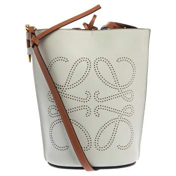 Pre Owned Loewe White/Brown Leather Gate Anagram Bucket Bag