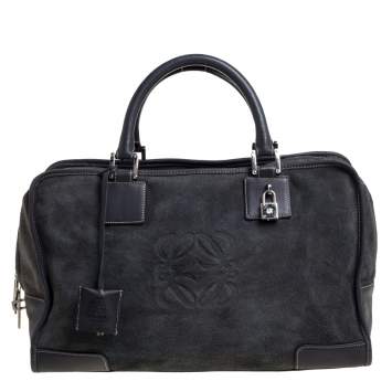 Pre Owned Loewe Grey Suede and Leather Amazona Medium Boston Bag