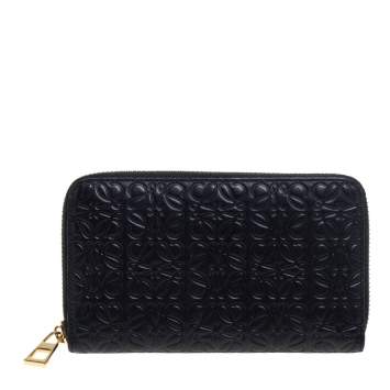 Pre Owned Loewe Black Monogram Embossed Leather Zip Around Wallet