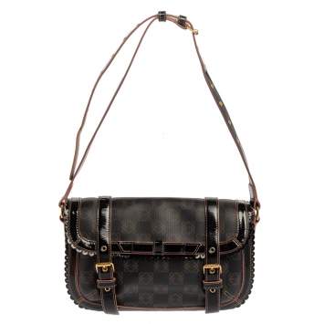 Pre Owned Loewe Dark Brown/Pink Anagram PVC and Patent Leather Flap Shoulder Bag