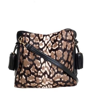 Pre Owned Loewe Black/Brown Leopard Print Calfhair and Leather Tassel Shoulder Bag