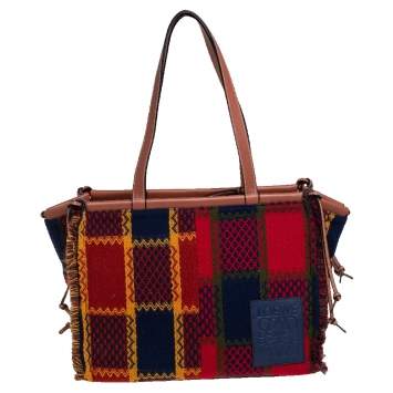 Pre Owned Loewe Multicolor Tartan Wool and Leather Tote