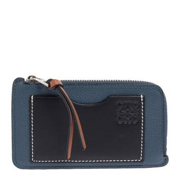 Pre Owned Loewe Blue/Black Leather Zip Card Holder 