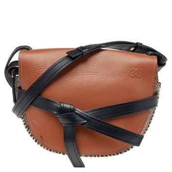 Pre Owned Loewe Brown/Black Leather And Jute Gate Shoulder Bag