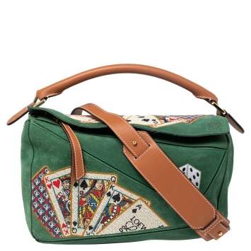 Pre Owned Loewe Green/Brown Suede and Leather Playing Card Puzzle Shoulder Bag