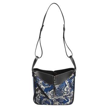 Pre Owned Loewe Black/Blue Bird Jacquard Canvas and Leather Hammock Bag