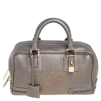 Pre Owned Loewe Metallic Grey Grained Leather Small Amazona Satchel