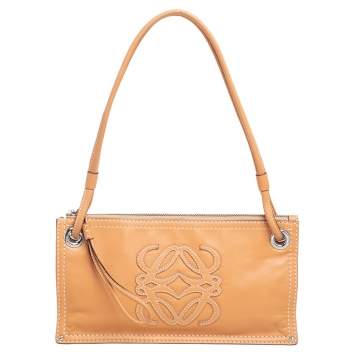 Pre Owned Loewe Tan Leather Logo & Anagram Patch Shoulder Bag