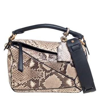 Pre Owned Loewe Black/Beige Python and Leather Small Puzzle Shoulder Bag