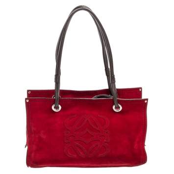 Pre Owned Loewe Brown/Dark Red Suede And Leather Satchel