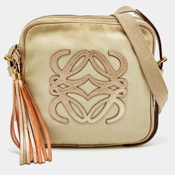 Pre Owned Loewe Beige/Gold Canvas and Leather Messenger Bag