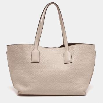 Pre Owned Loewe Beige Logo Embossed Leather T Shopper Tote