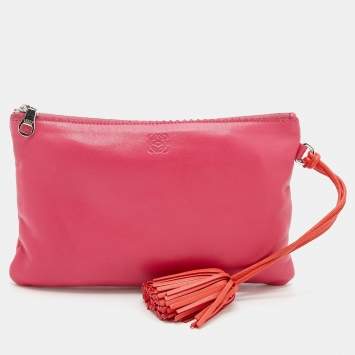 Pre Owned Loewe Pink Leather Logo Embossed Tassel Zip Pouch