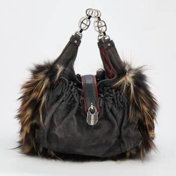 Pre Owned Loewe Multicolor Racoon Fur/Lizard and Suede Chain Hobo 