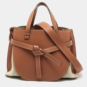 Pre Owned Loewe Tan/Beige Leather and Canvas Medium Gate Tote