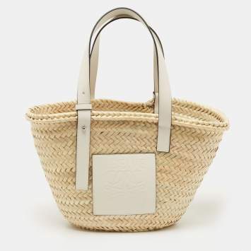 Pre Owned  Loewe Beige/White Woven Raffia and Leather Basket Bag