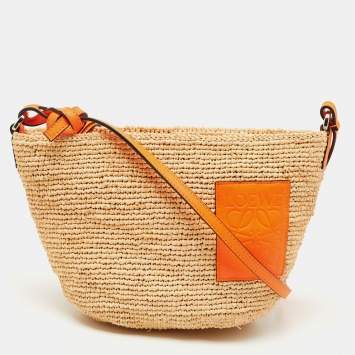 Pre Owned Loewe Beige/Orange Paula's Ibiza Raffia and Leather Crossbody Bag