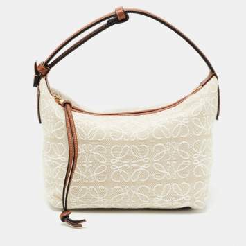Pre Owned Loewe Ecru/Tan Jacquard Canvas and Leather Small Cubi Anagram Shoulder Bag