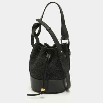 Pre Owned Loewe Black/Grey Monogram Canvas and Leather Balloon Anagram Bucket Bag