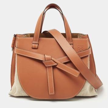 Pre Owned Loewe Tan/Beige Leather and Canvas Medium Gate Tote