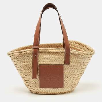 Pre Owned Loewe Brown/Cream Raffia and Leather Basket Tote