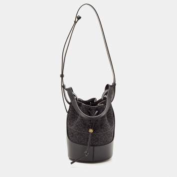 Pre Owned Loewe Black/Grey Monogram Canvas and Leather Balloon Anagram Bucket Bag