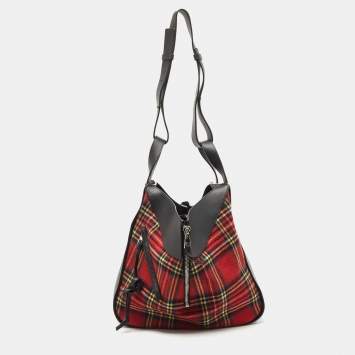 Pre Owned Loewe Black/Red Tartan Wool and Leather Medium Hammock Shoulder Bag