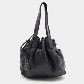 Pre Owned Loewe Black Leather Embellished Drawstring Bucket Bag