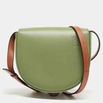 Pre Owned Loewe Green/Brown Leather Heel Crossbody Bag