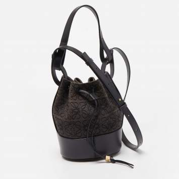 Pre Owned Loewe Black Anagram Canvas and Leather Balloon Bucket Bag