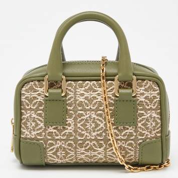Pre Owned Loewe Green/Beige Jacquard Canvas and Leather Nano Amazona Chain Crossbody Bag