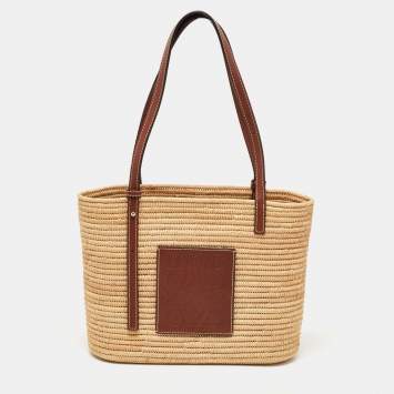 Pre Owned Loewe Beige/Tan Raffia and Leather Small Square Basket Bag