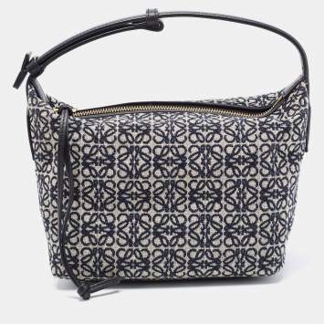 Pre Owned Loewe Beige/Blue Jacquard Canvas and Leather Small Cubi Anagram Shoulder Bag