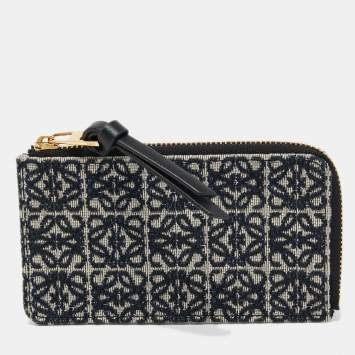 Pre Owned Loewe Navy Blue/Black Jacquard and Leather Anagram Zip Card Holder