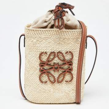 Pre Owned Loewe x Paula Beige/Tan Raffia and Leather Ibiza Bucket Crossbody Bag