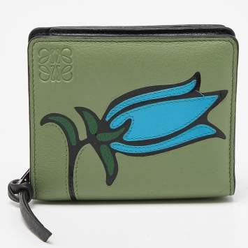 Pre Owned Loewe Green/Blue Leather Zip Compact Wallet