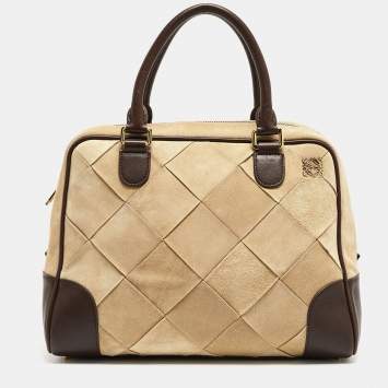 Pre Owned Loewe Brown/Cream Woven Leather and Suede Amazona 36 Bag