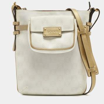 Pre Owned Loewe White/Gold Anagram Coated Canvas and Leather Front Pocket Shoulder Bag