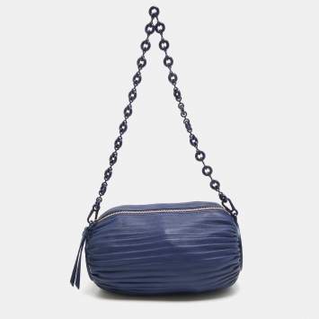 Pre Owned Loewe Blue Leather Pleated Bracelet Pouch Bag