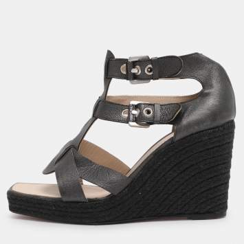 Pre Owned Loewe Grey Leather Strappy Wedge Sandals Size 39