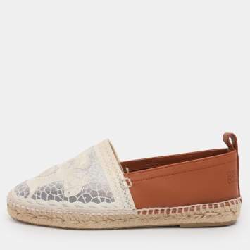 Pre Owned Loewe White/Brown Lace and Leather Espadrille Flats Size 37